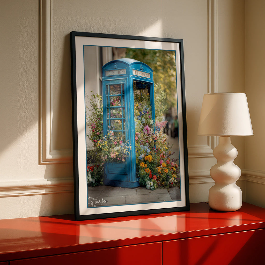 Blue London Phone Box Floral Poster, British Telephone Box Wall Art Print
