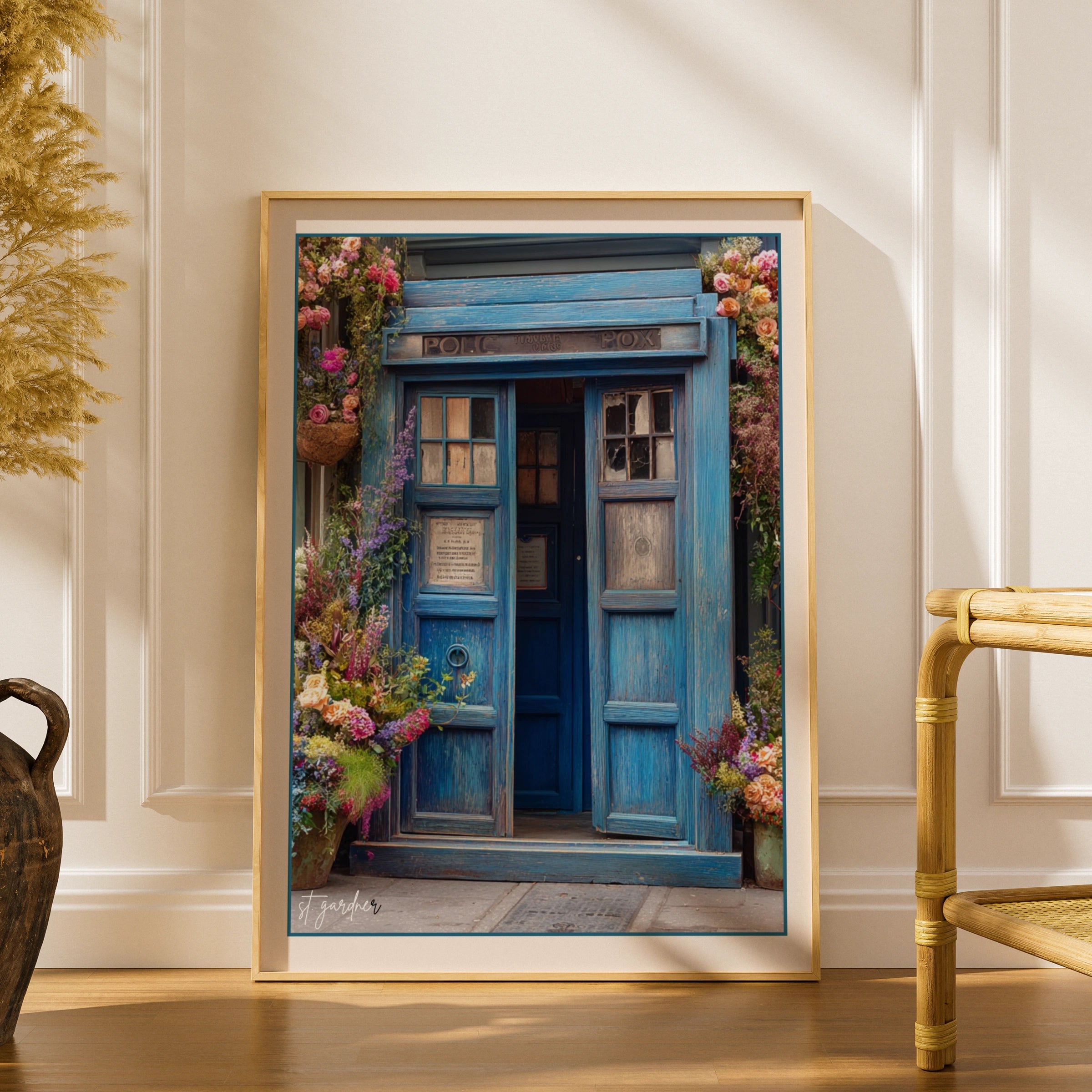 Police Box Floral Poster, Blue TARDIS Wall Art, Sci-Fi Vintage Flower Print, UK