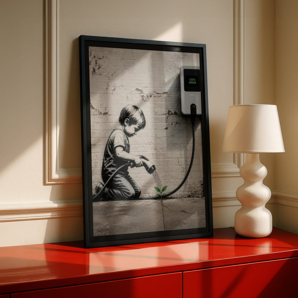 Banksy Style Street Art Poster, EV Charger Child Watering Plant, Urban Wall Art Print