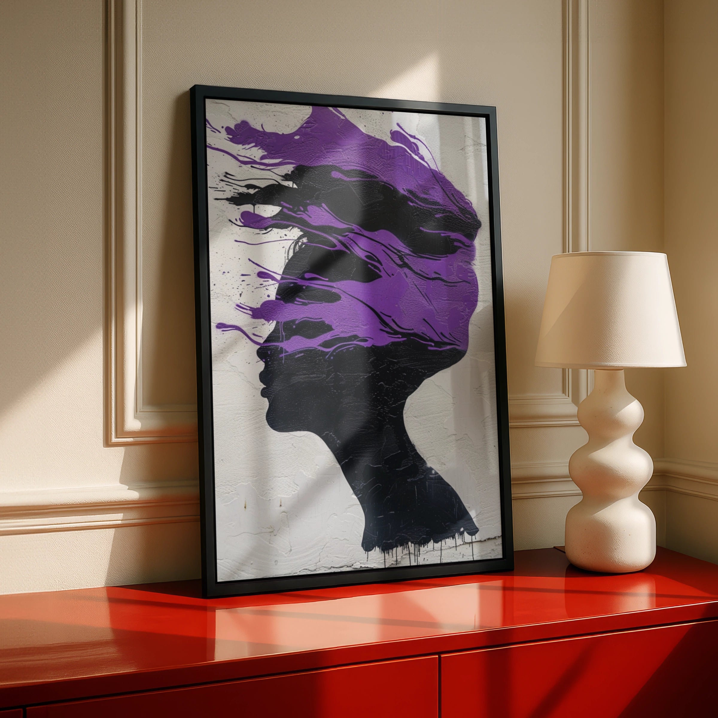 Banksy Style | Purple Black Woman Silhouette Poster, Abstract Female Face Wall Art Print