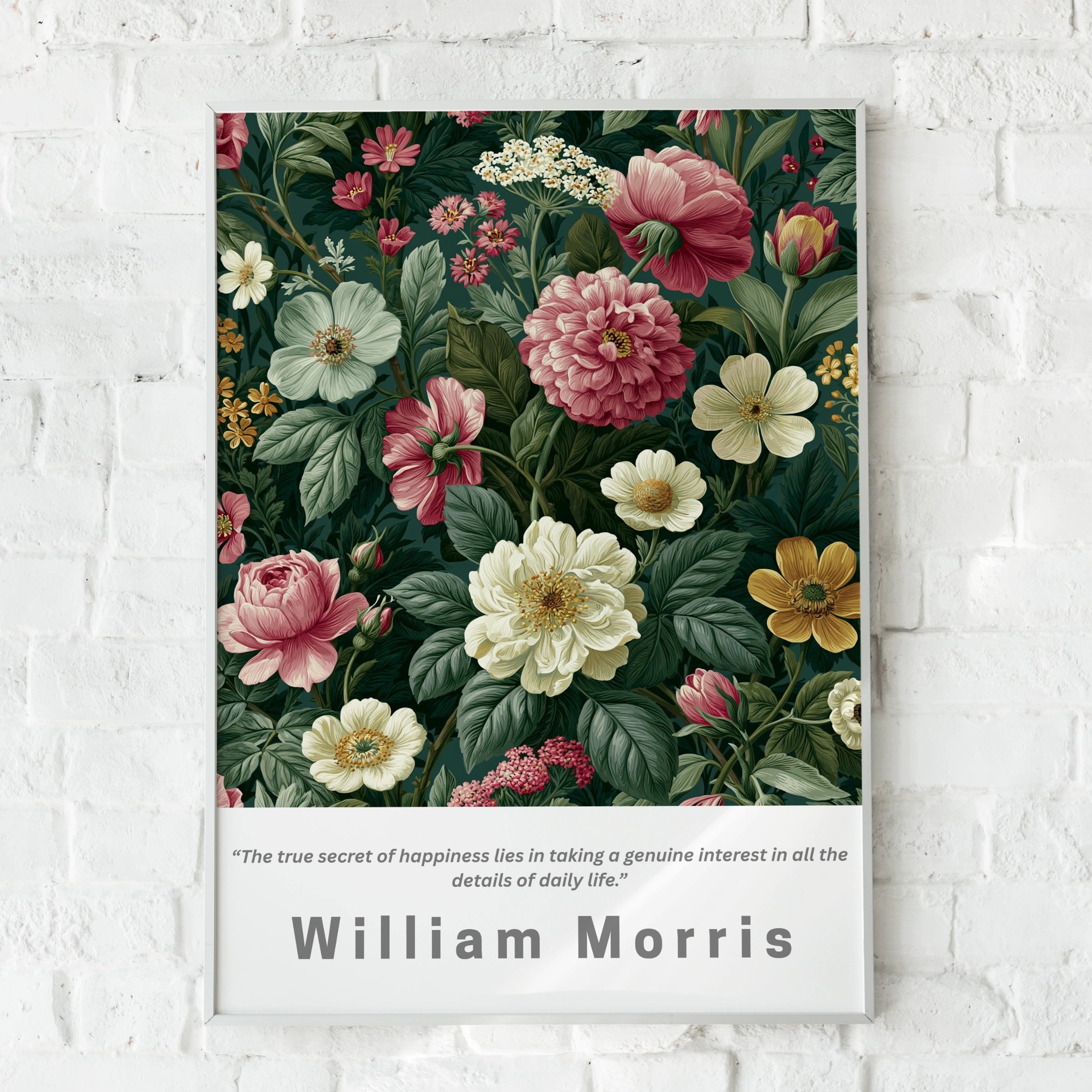 William Morris Floral Poster, Garden Botanical Wall Art, Pink Peony Print, Teal
