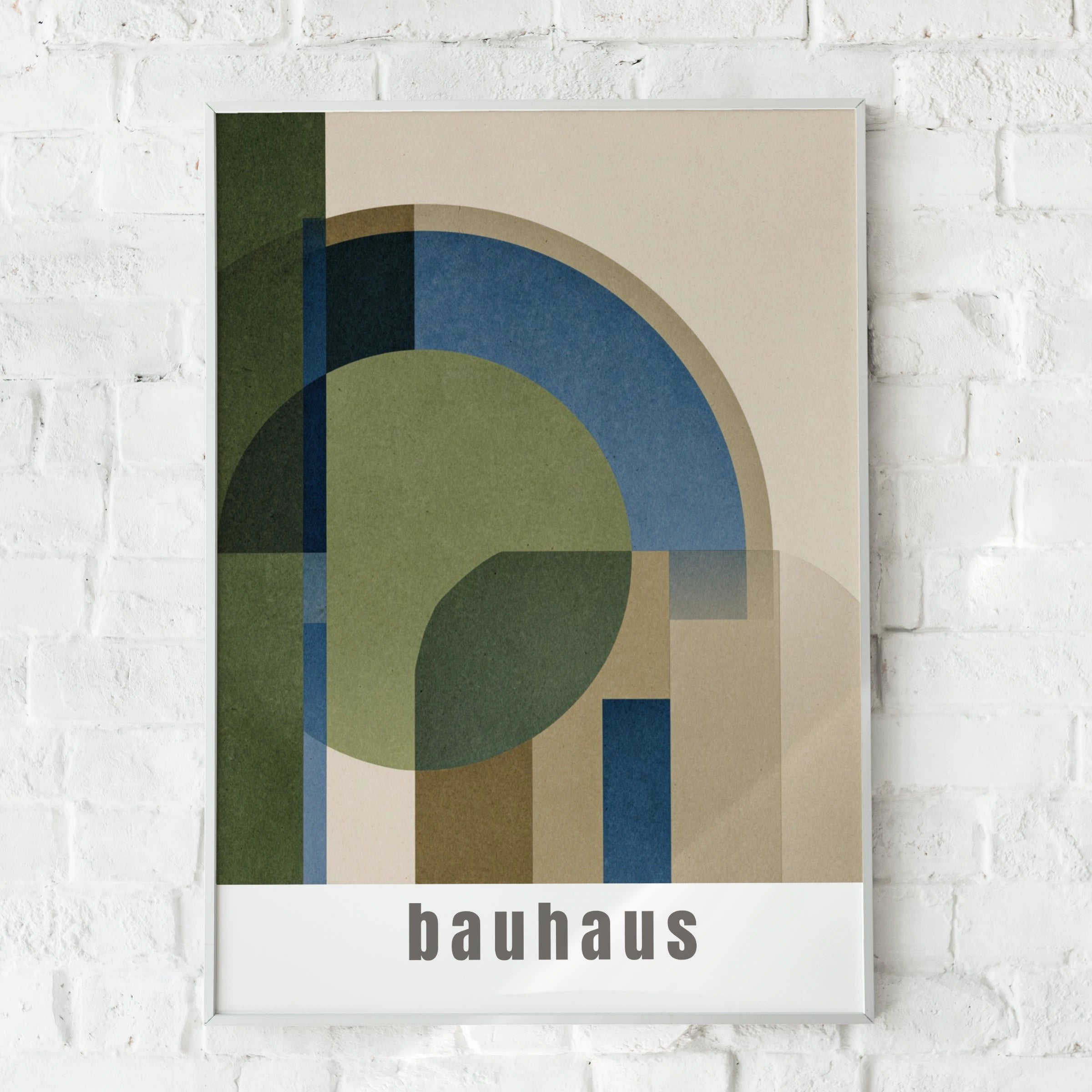 Bauhaus Geometric Art Print, Natural Tones, Green Blue Beige Abstract Wall Poster