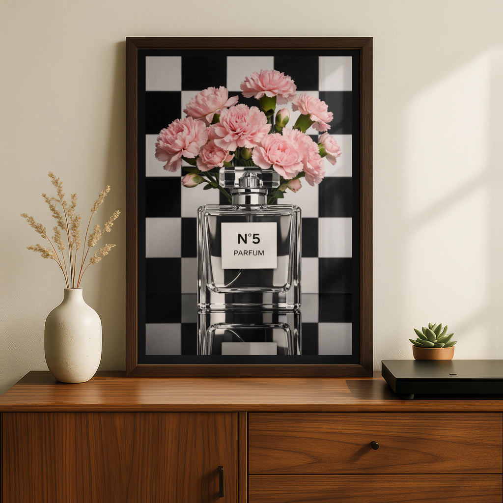 No5 Perfume Bottle Pink Carnation Poster, Chic Fashion Wall Art, Checkerboard Print