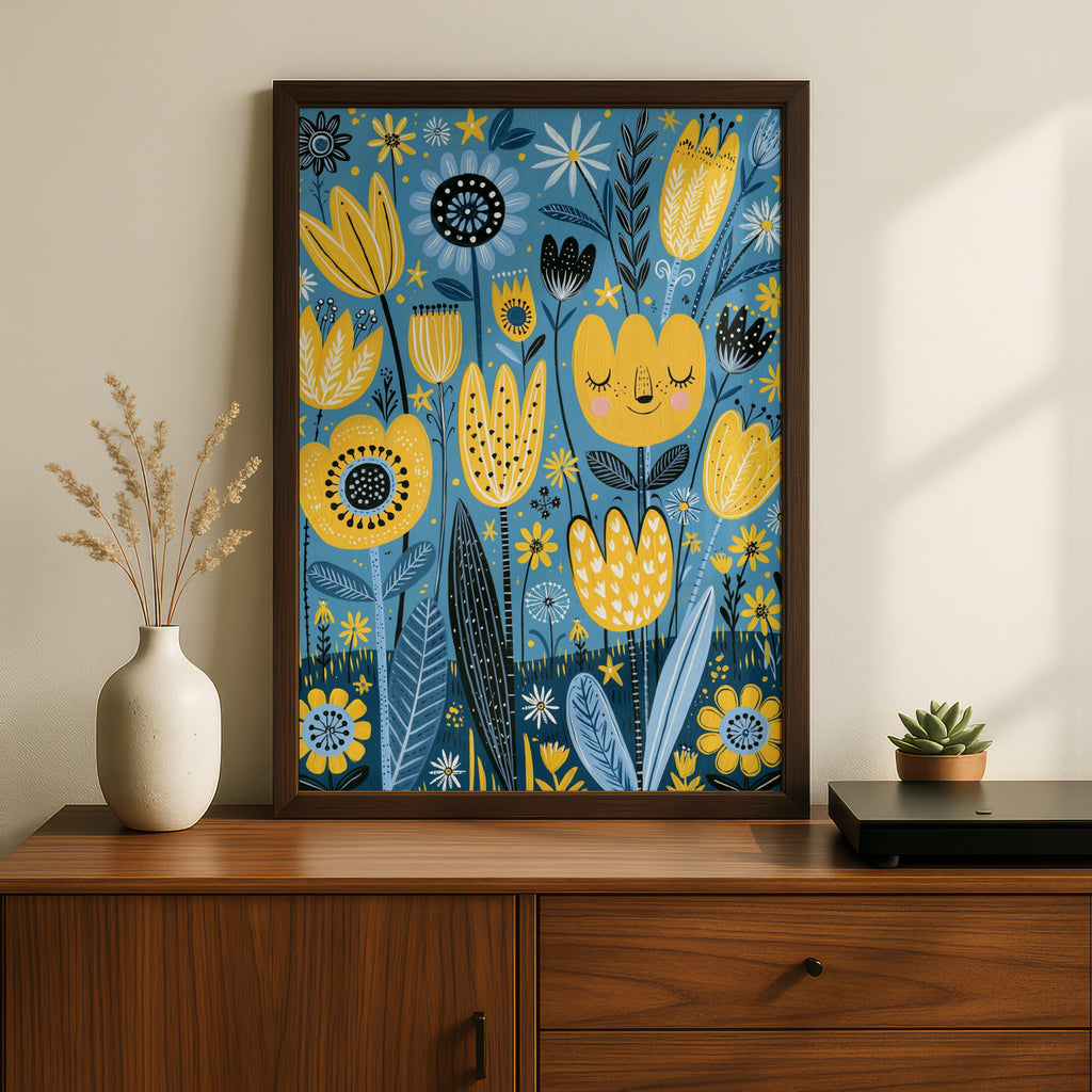 Kids Tulip Garden Poster, Cute Floral Wall Art, Yellow Blue Nursery Print, Flower