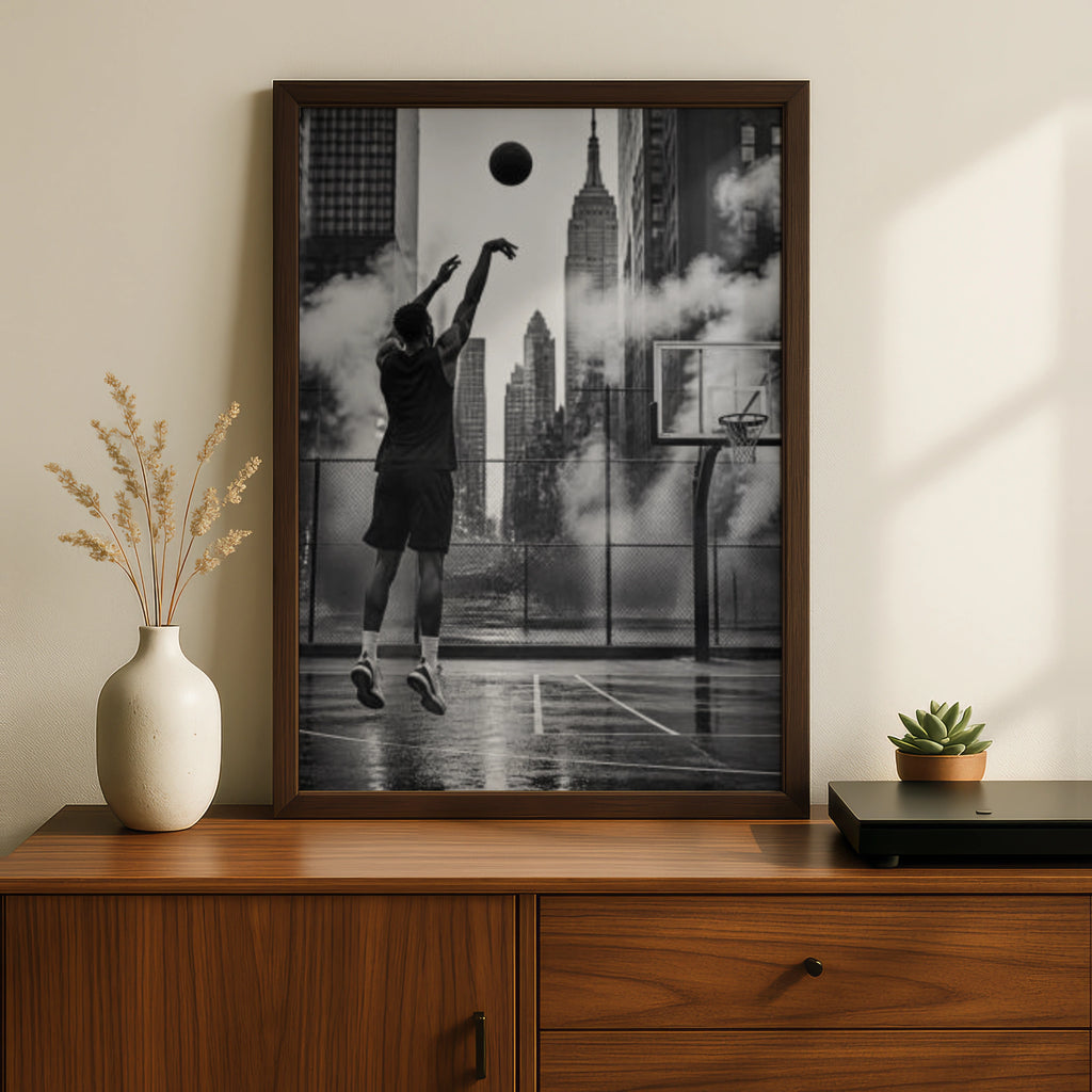 Basketball NYC Poster, Black White New York City Street Court Wall Art Print