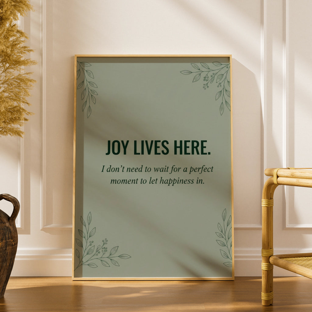 Joy Lives Here Poster, Sage Green Botanical Quote Print, Happiness Wall Art Gift