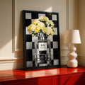 Perfume Bottle Poster, Yellow Floral Fashion Wall Art, Black White Checkerboard Print