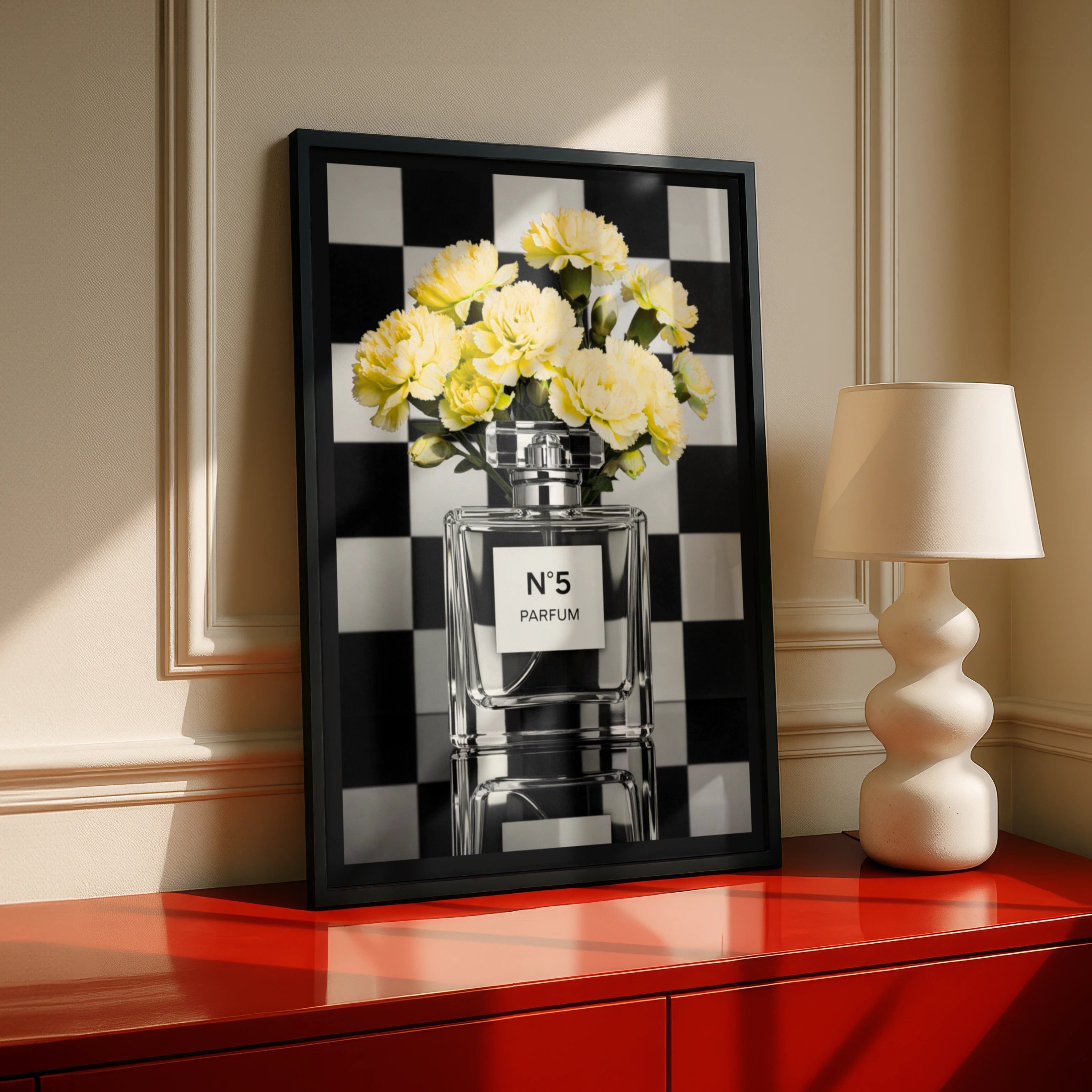 Perfume Bottle Poster, Yellow Floral Fashion Wall Art, Black White Checkerboard Print