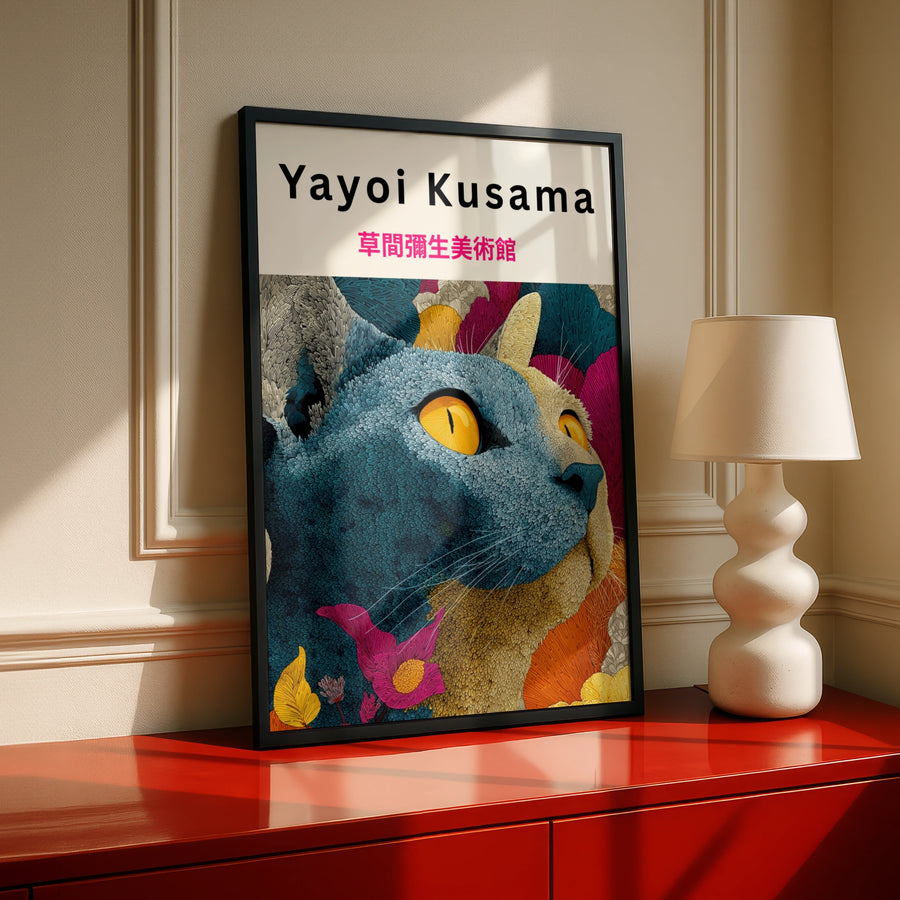 Yayoi Kusama Cat Poster, Colourful Japanese Art Print, Bold Floral Wall Decor