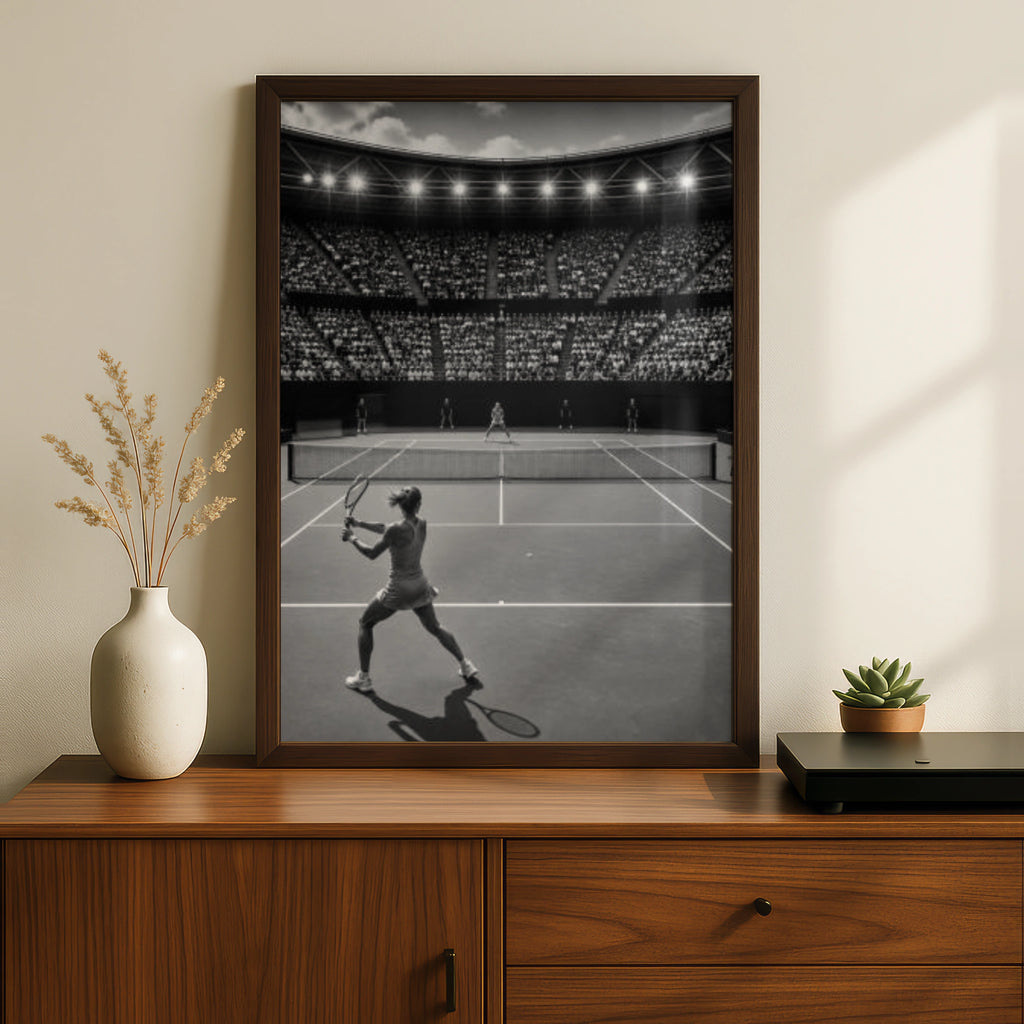 Tennis Women Poster, Black and White Sports Wall Art, Stadium Court Print, Gift for Her