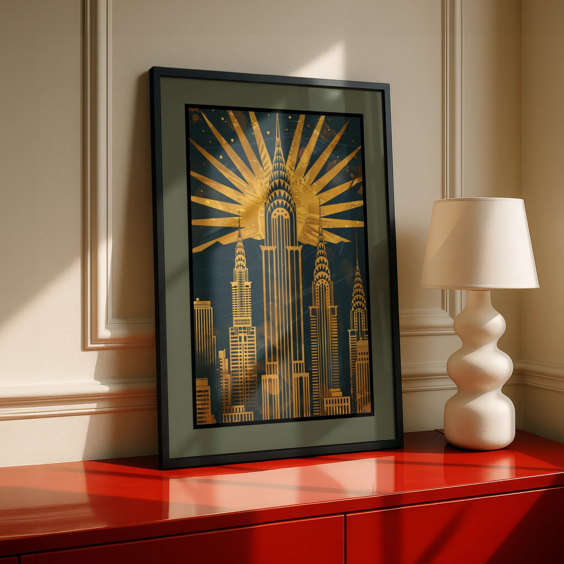 Travel Wall Art | New York Art Deco Poster, Chrysler Building Gold Navy Skyline Wall Art Print