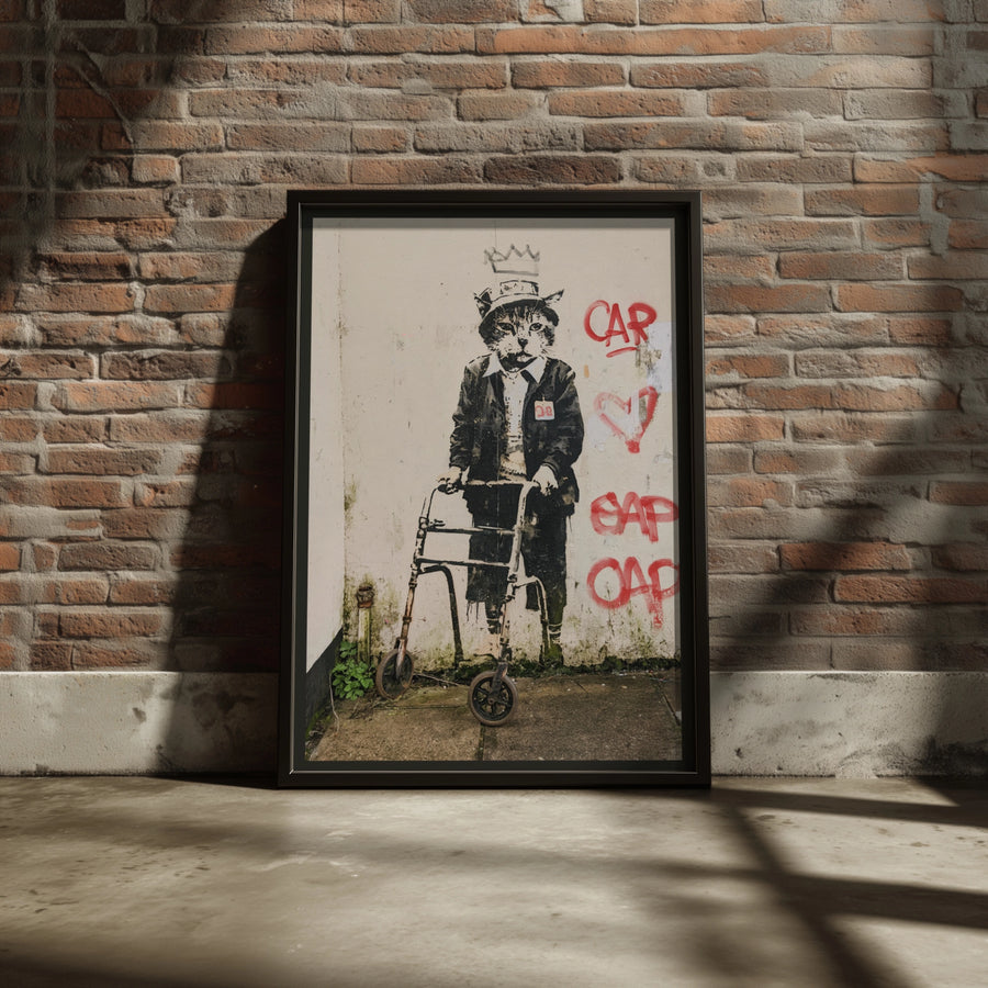 Street Art Cat Walking Frame Poster, Graffiti Wall Art, Urban Stencil Print, Funny Cat Gift