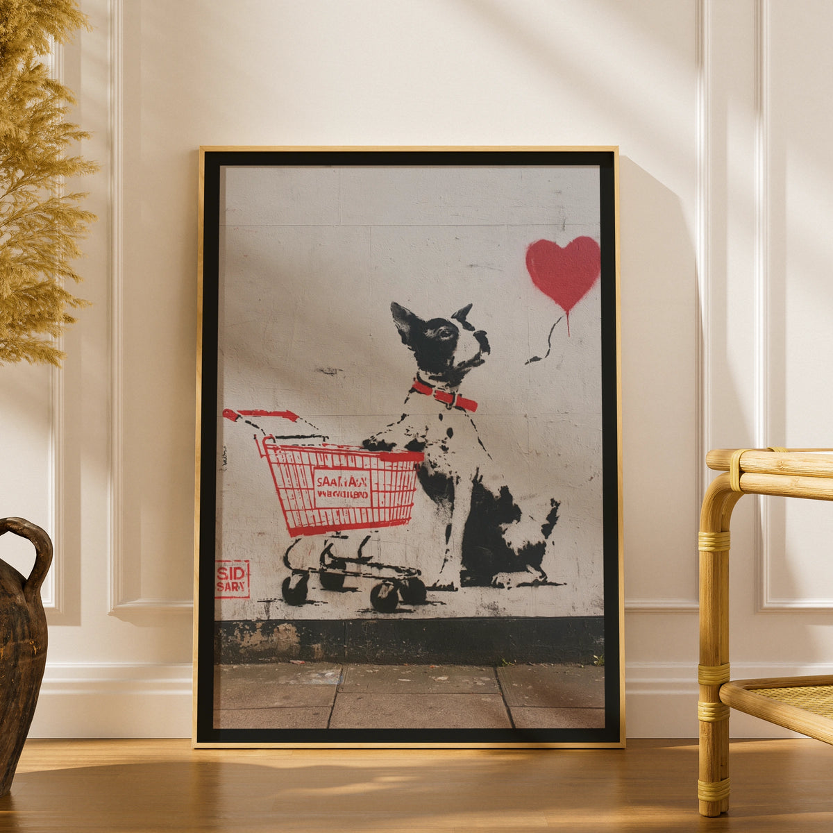 Dog Heart Balloon Street Art Poster, Graffiti Wall Art, Urban Stencil Print, Black Red