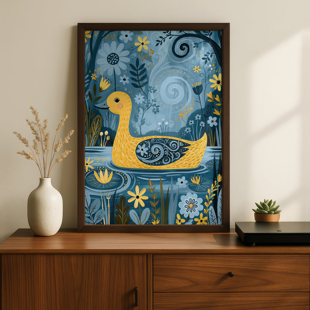 Yellow Duck Kids Wall Art, Folk Art Duck Poster, Blue Floral Nursery Print, Cute Duck