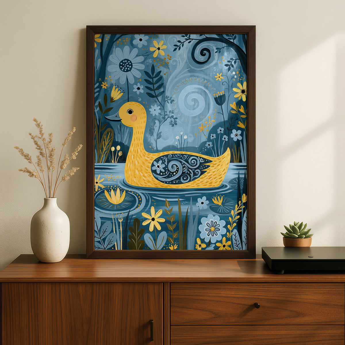 Yellow Duck Kids Wall Art, Folk Art Duck Poster, Blue Floral Nursery Print, Cute Duck