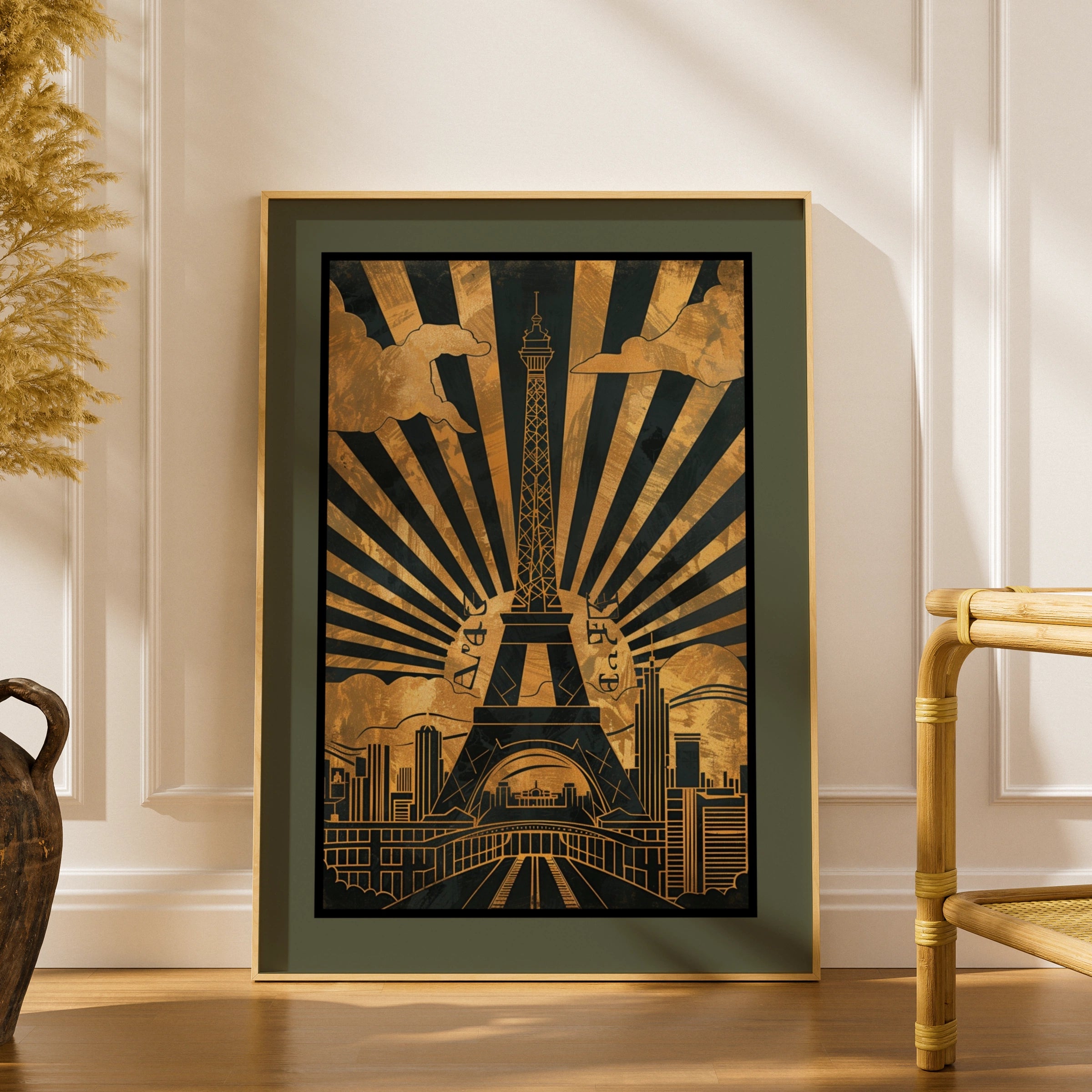 Travel Wall Art | Paris Eiffel Tower Art Deco Poster, Gold Black Vintage Wall Art Print