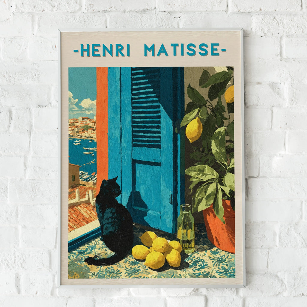 Black Cat Matisse Style Poster, Mediterranean Wall Art, Lemon Print, Colourful