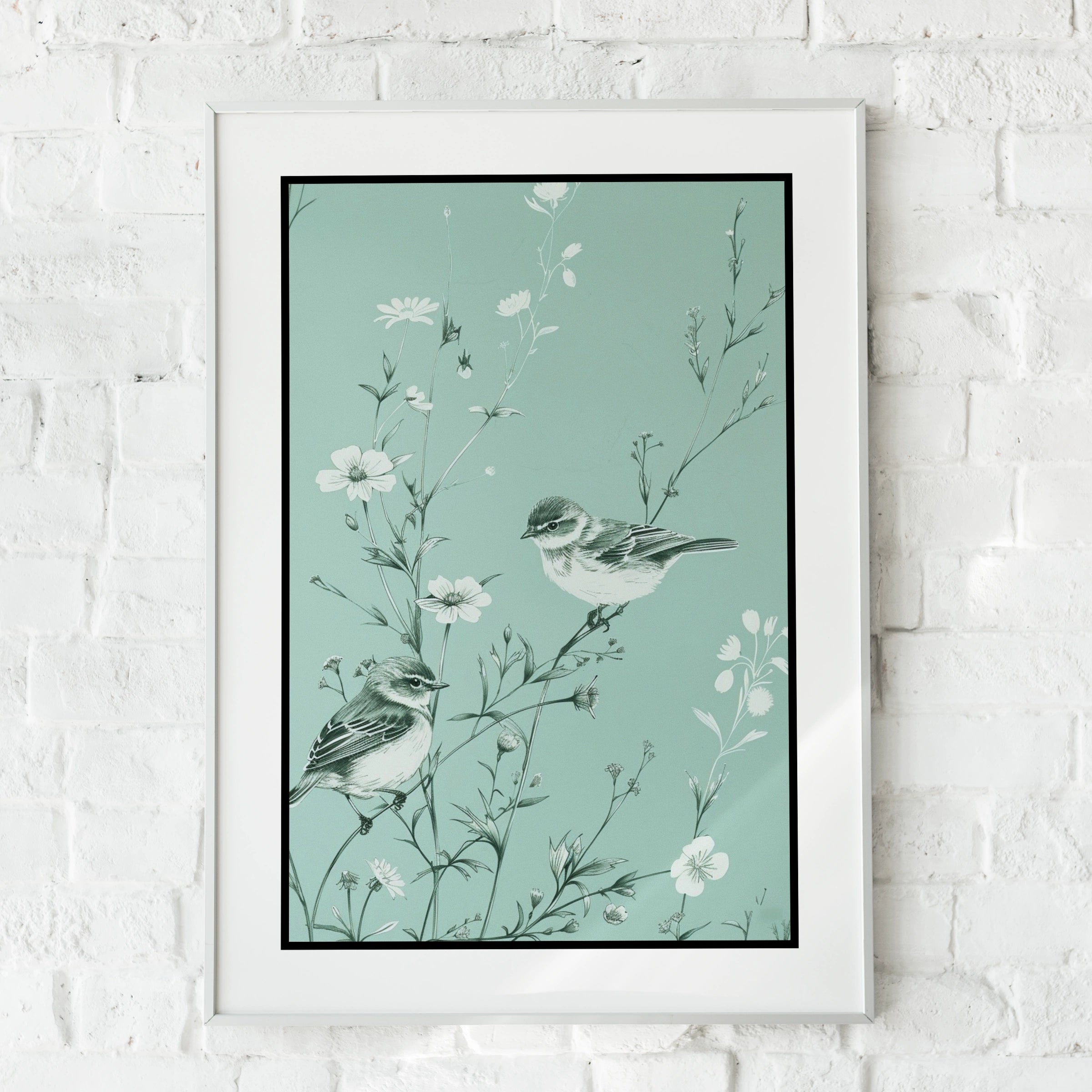 Botanical Wall Art | Teal Bird Poster, Wildflower Wall Art, Vintage Sparrow Print, Floral Nature Decor