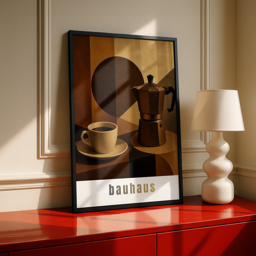 Bauhaus Coffee Poster, Moka Pot Wall Art, Brown Geometric Kitchen Print, Retro Cafe Decor