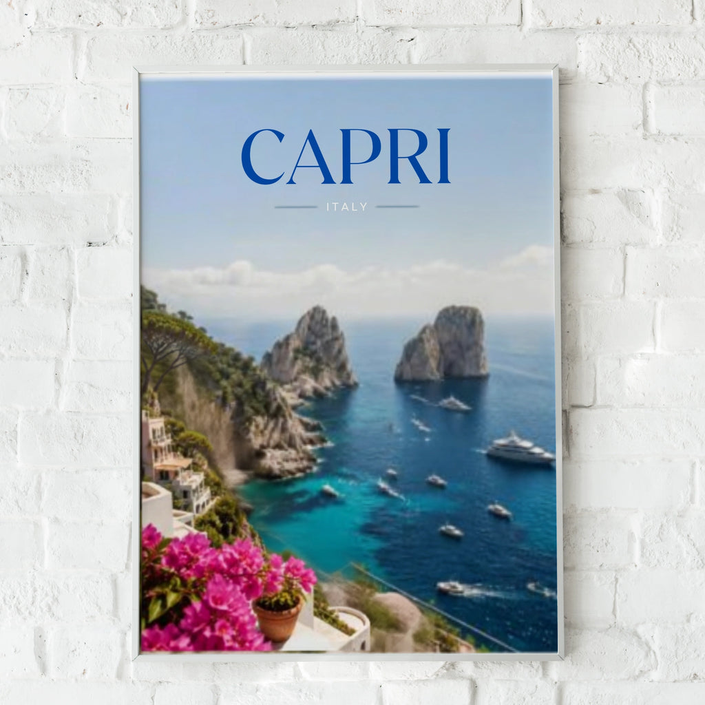 Travel Print | Capri Italy  Poster, Faraglioni Rocks Wall Art, Amalfi Coast Print, Blue Sea