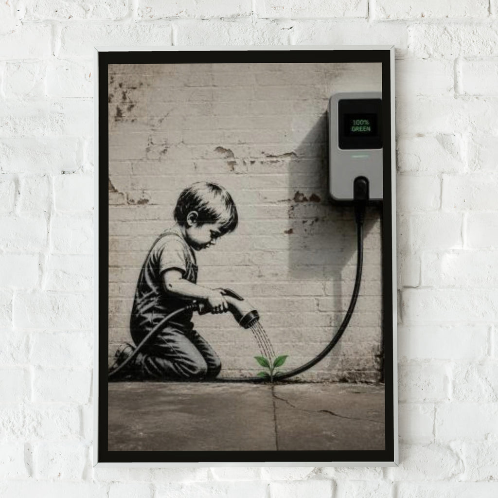 Banksy Style Street Art Poster, EV Charger Child Watering Plant, Urban Wall Art Print