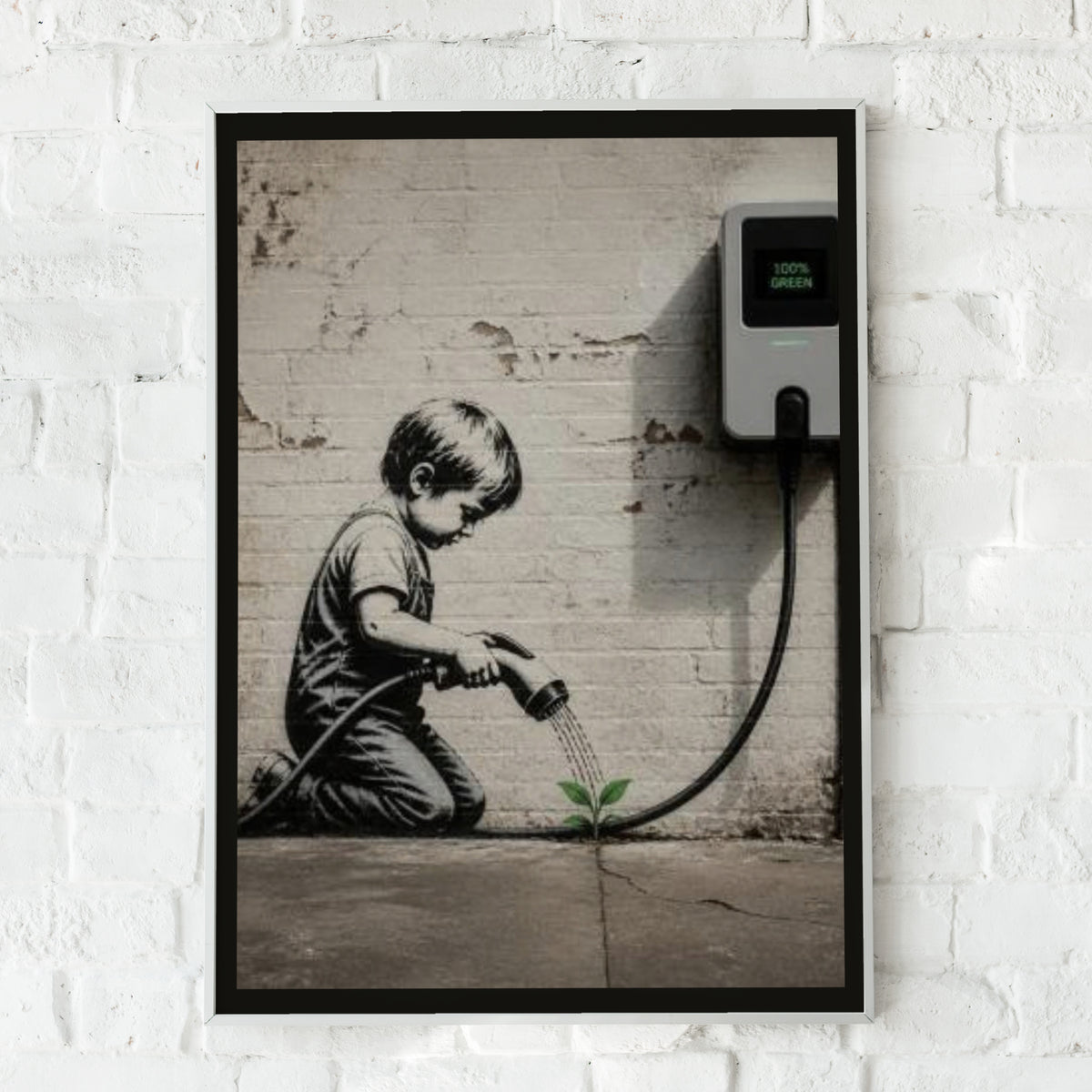 Banksy Style Street Art Poster, EV Charger Child Watering Plant, Urban Wall Art Print
