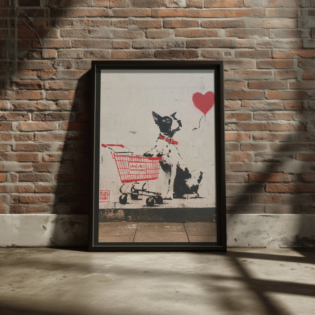 Dog Heart Balloon Street Art Poster, Graffiti Wall Art, Urban Stencil Print, Black Red