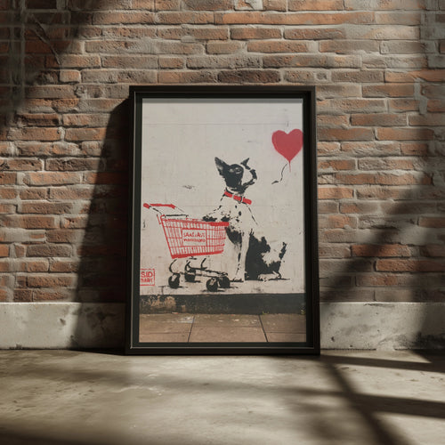 Dog Heart Balloon Street Art Poster, Graffiti Wall Art, Urban Stencil Print, Black Red