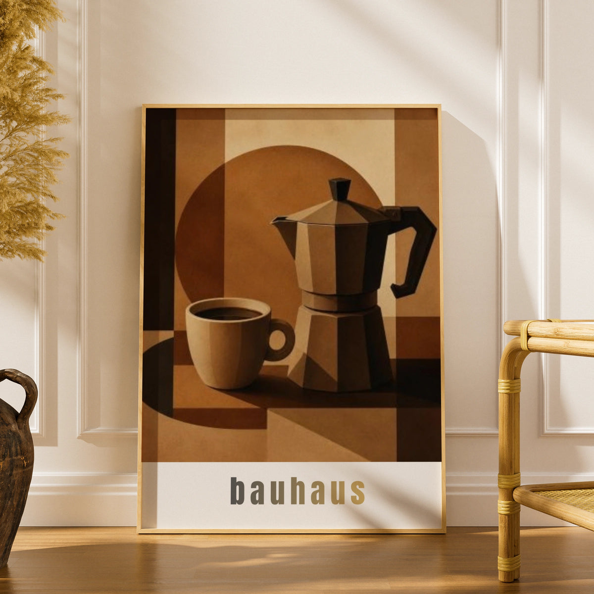 Bauhaus Coffee Poster, Moka Pot Wall Art, Minimalist Kitchen Print, Brown Neutral Decor