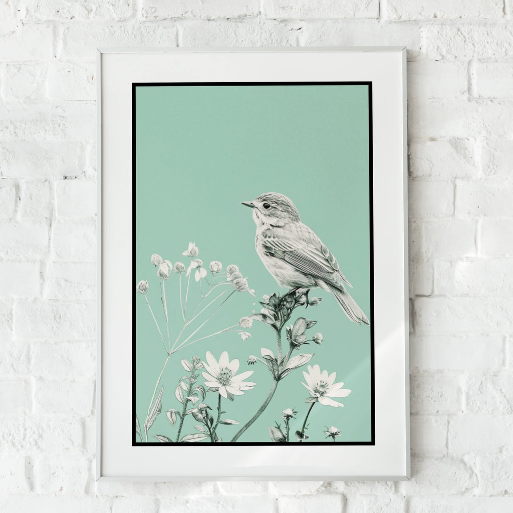 Botanical Wall Art | Teal Bird Poster, Wildflower Wall Art, Mint Green Nature Print, Floral