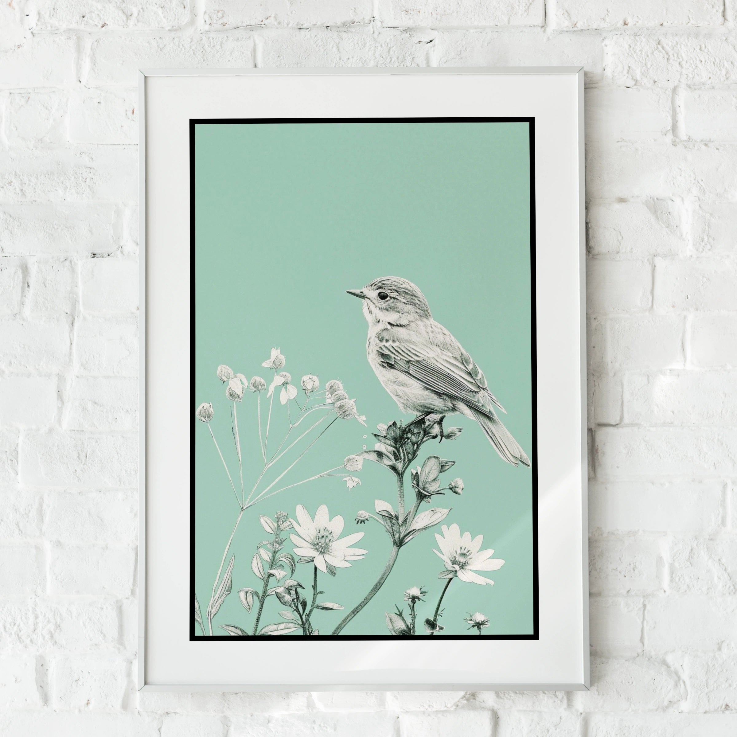 Botanical Wall Art | Teal Bird Poster, Wildflower Wall Art, Mint Green Nature Print, Floral