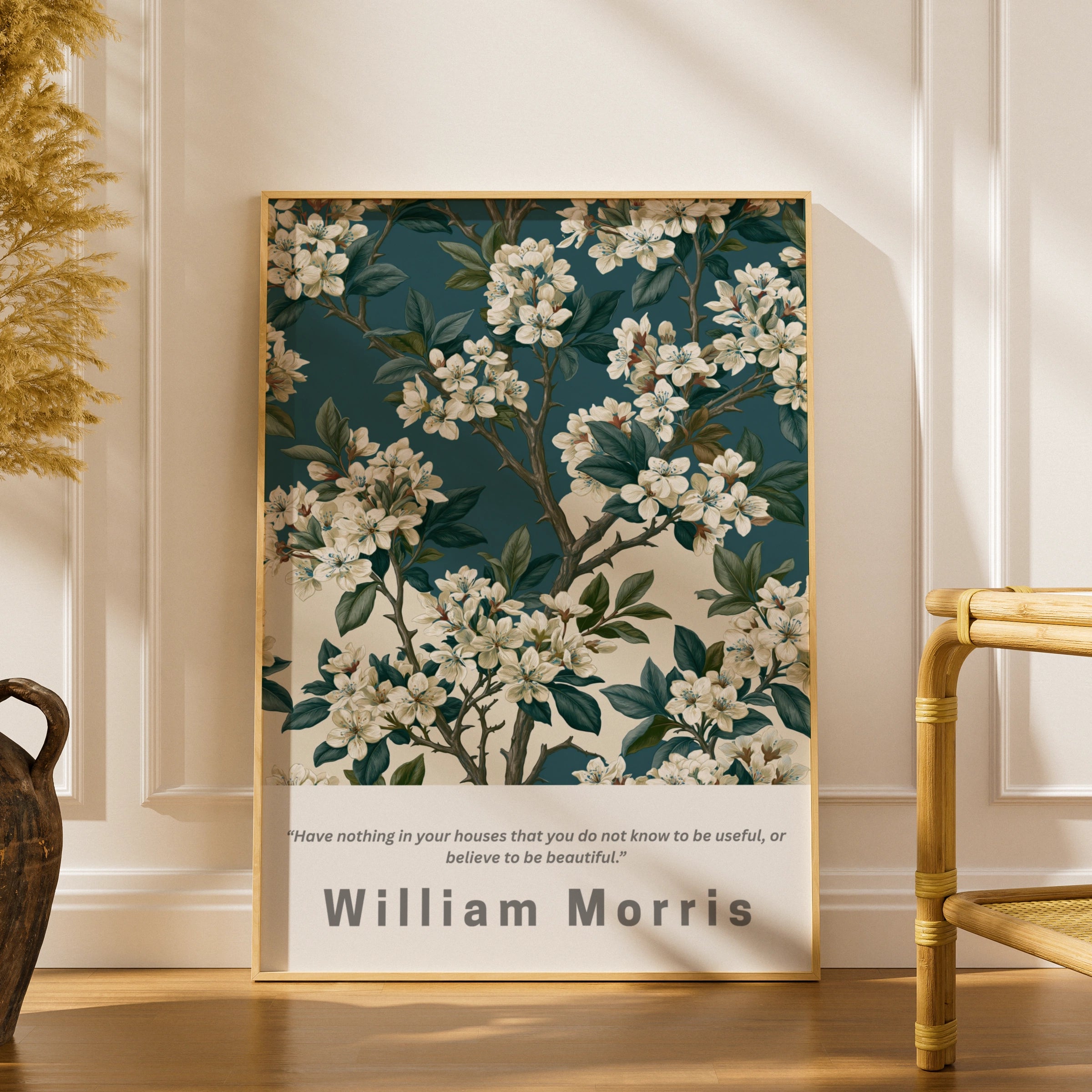 William Morris Thorn Floral Poster, Botanical Wall Art, Teal Cream Blossom Print