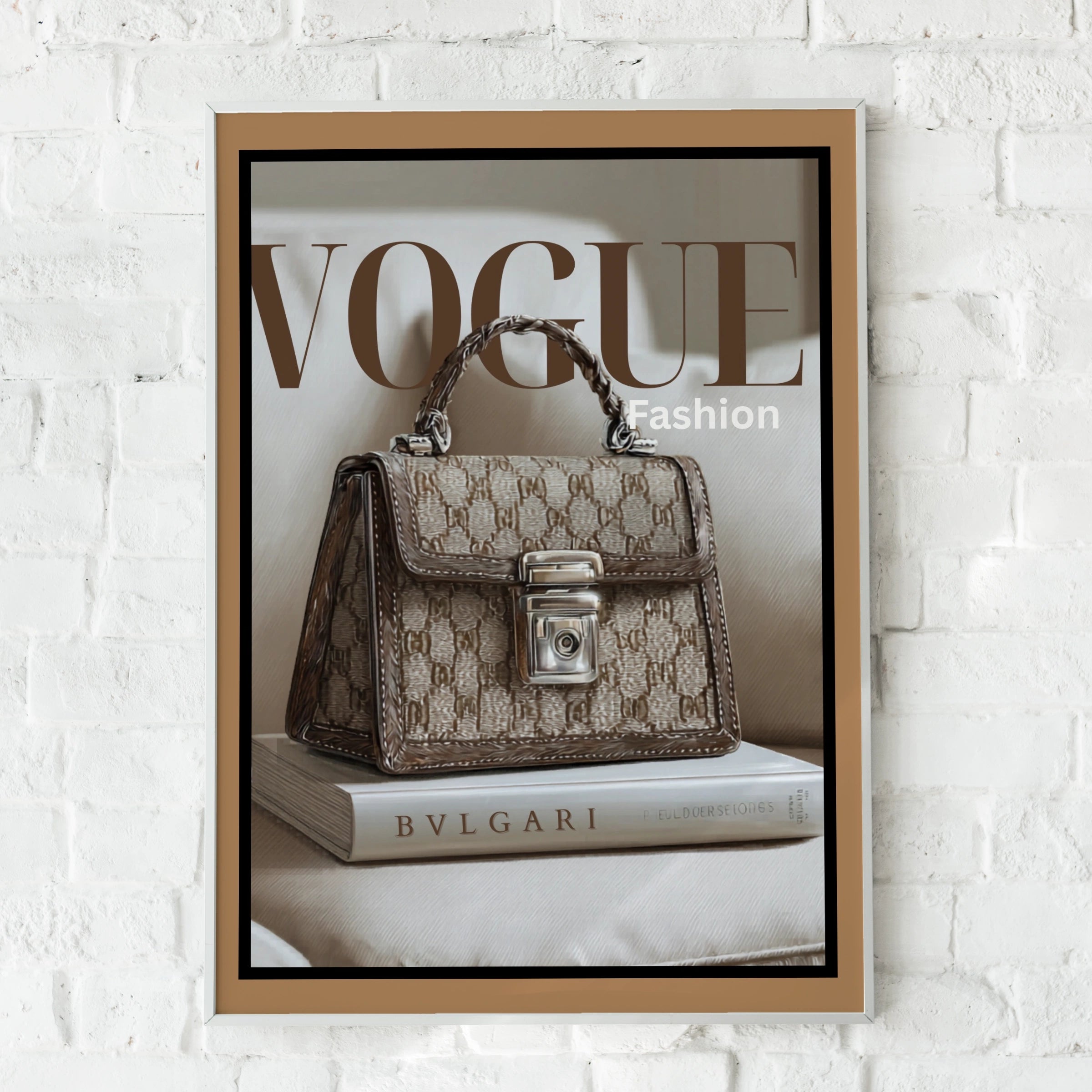 Vogue Fashion Poster, Luxury Handbag Wall Art, Brown Beige Designer Print, Chic