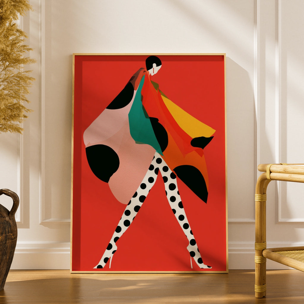 Polka Dot Fashion Poster, Bold Red Abstract Woman Art Print, Chic Runway Wall Art