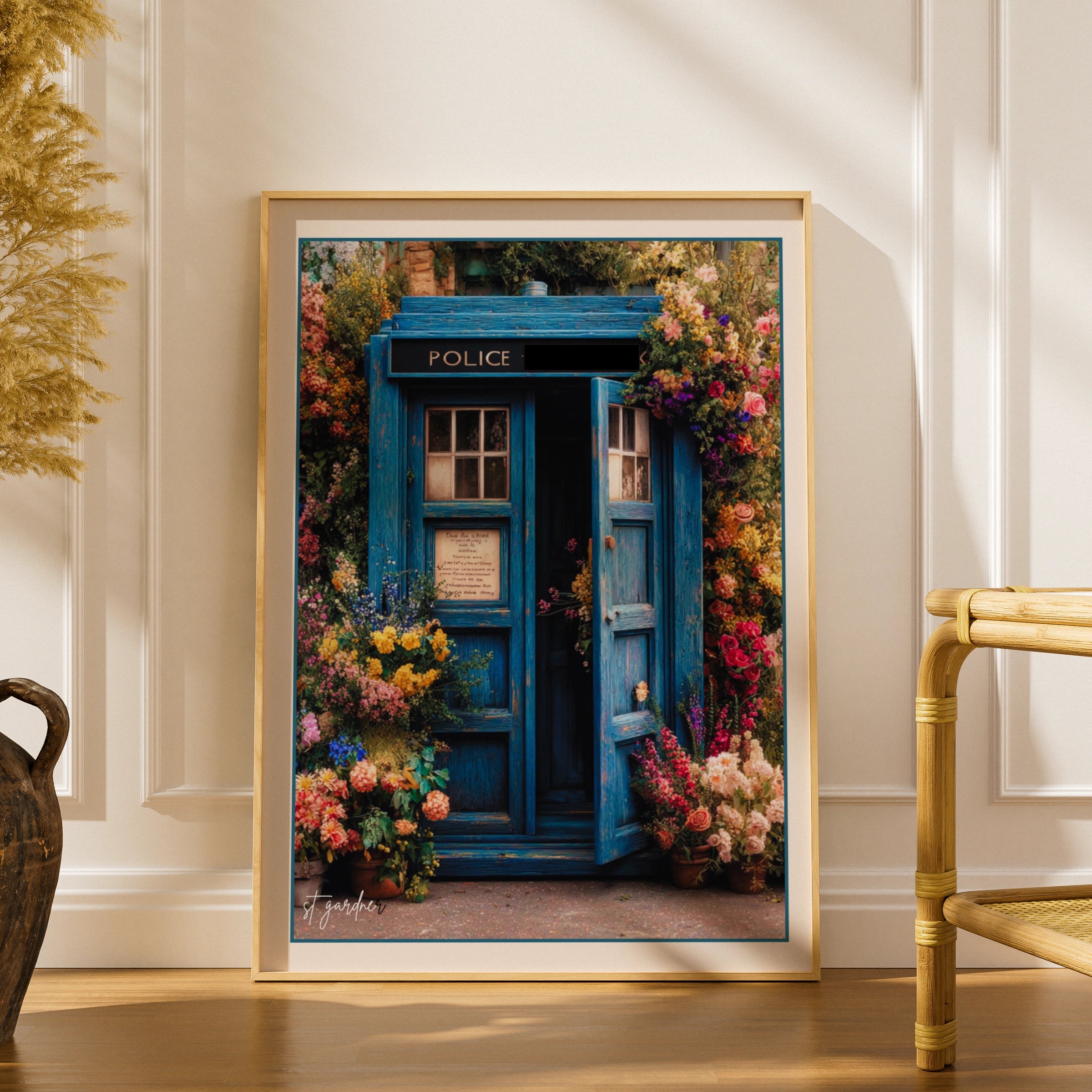 Blue Police Box Floral Poster, Tardis Art Print, Sci-Fi Wall Decor, Cottagecore Gift