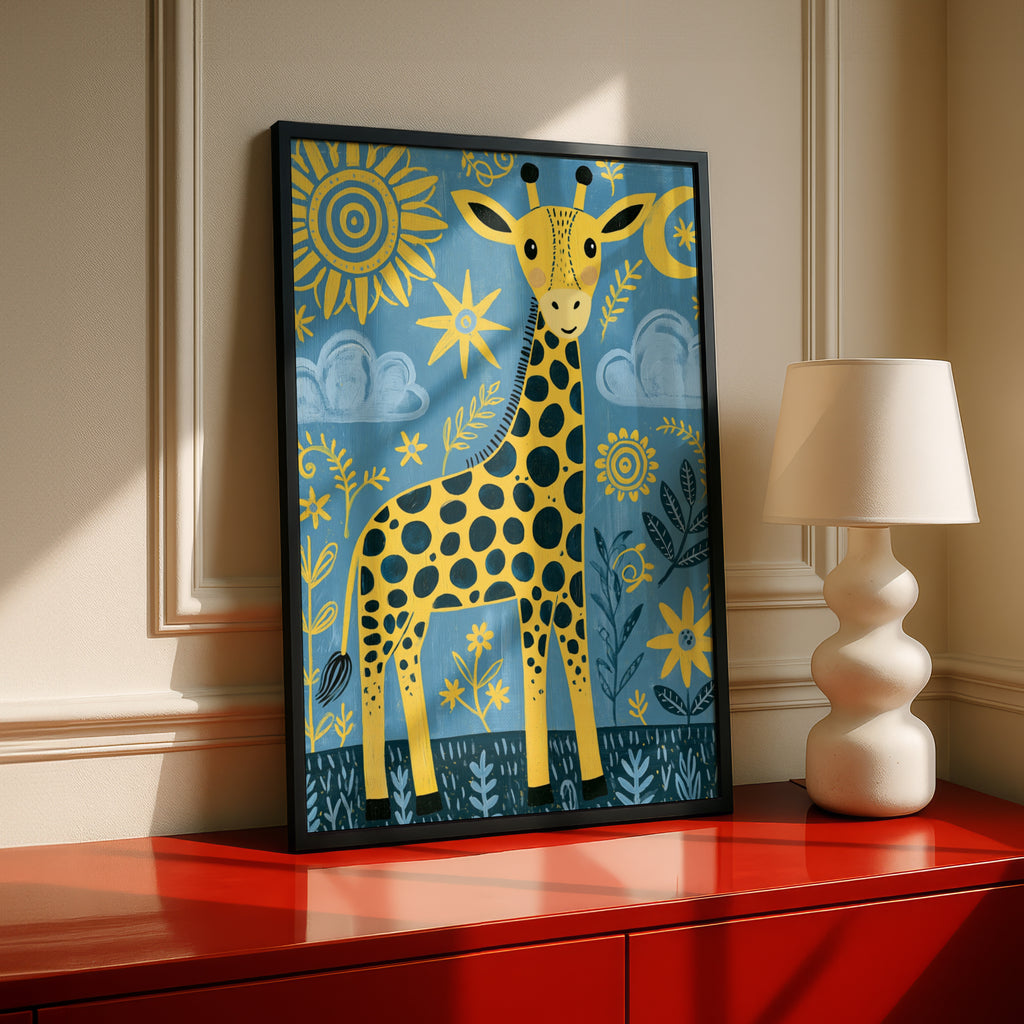 Cute Giraffe Kids Wall Art, Yellow Blue Nursery Poster, Folk Art Animal Print for Children