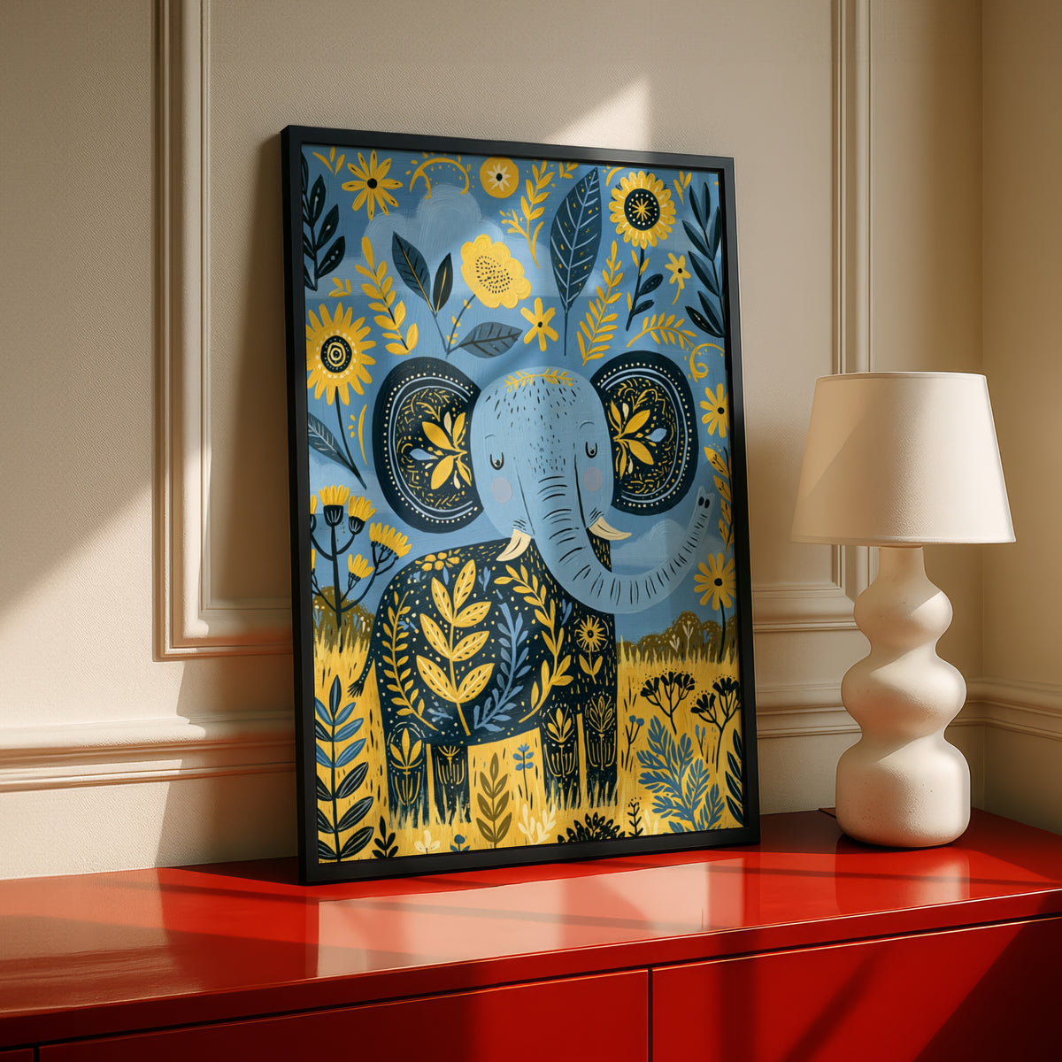 Kids Elephant Floral Wall Art, Folk Art Animal Poster, Blue Yellow Nursery Print