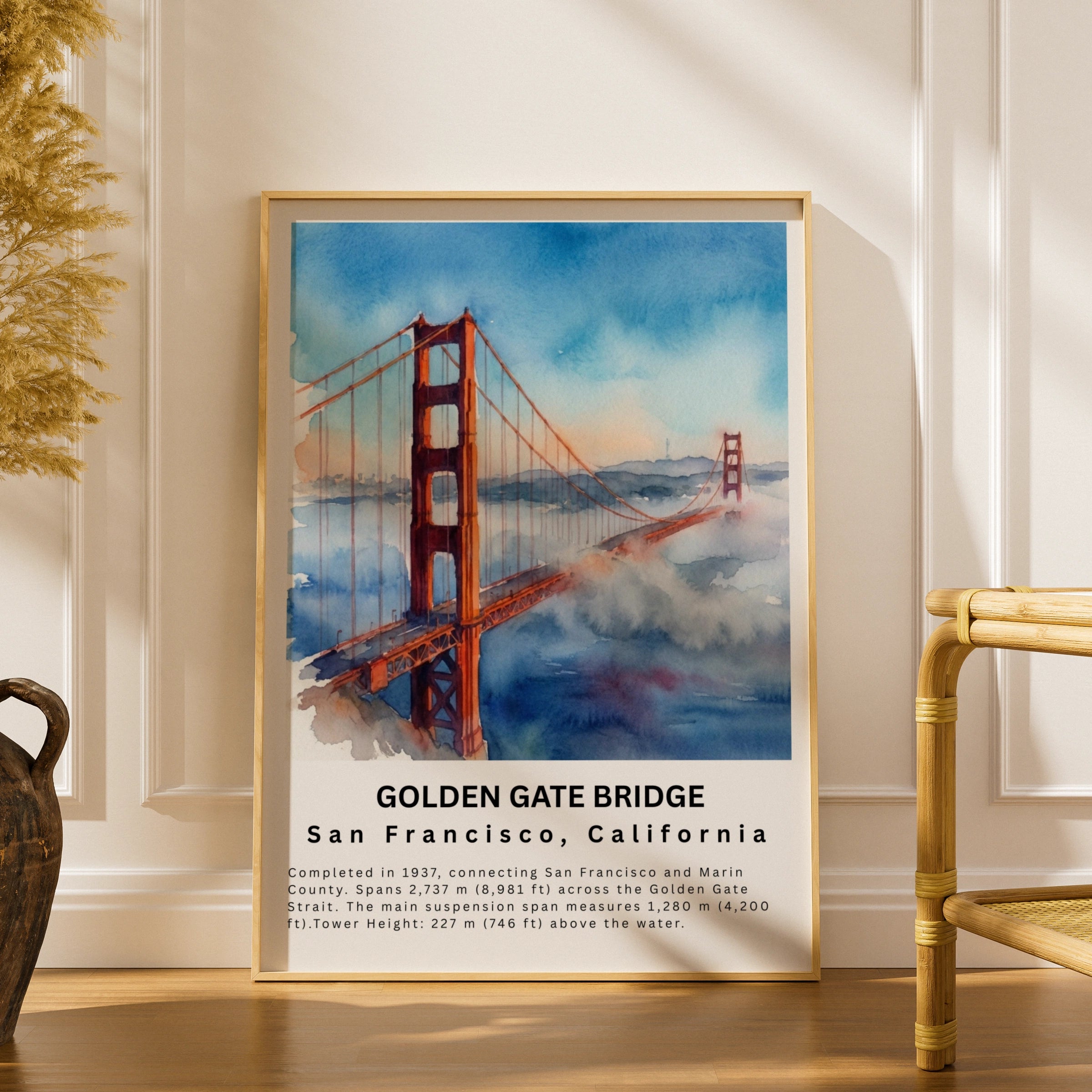 Golden Gate Bridge Poster, San Francisco Watercolour Wall Art, California Travel Print