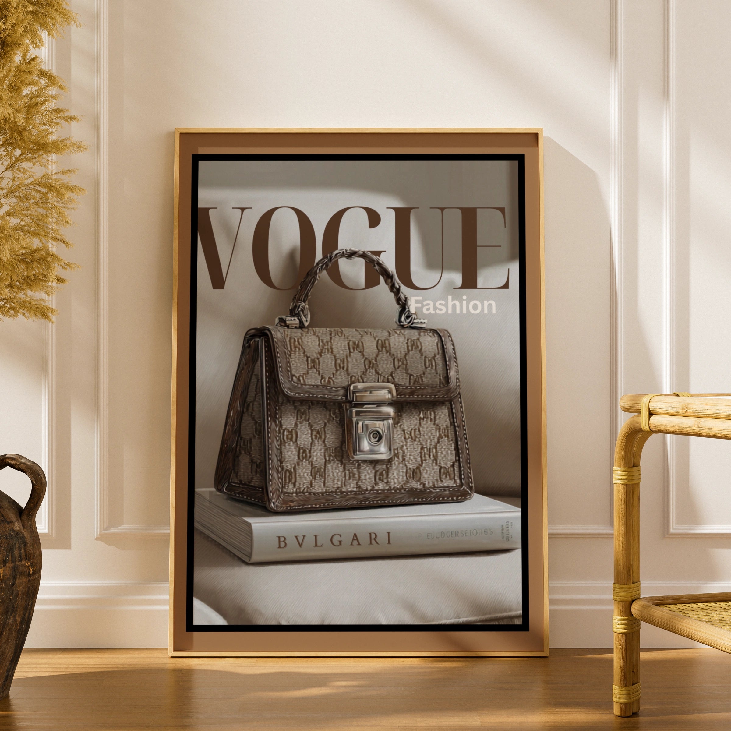 Vogue Fashion Poster, Luxury Handbag Wall Art, Brown Beige Designer Print, Chic