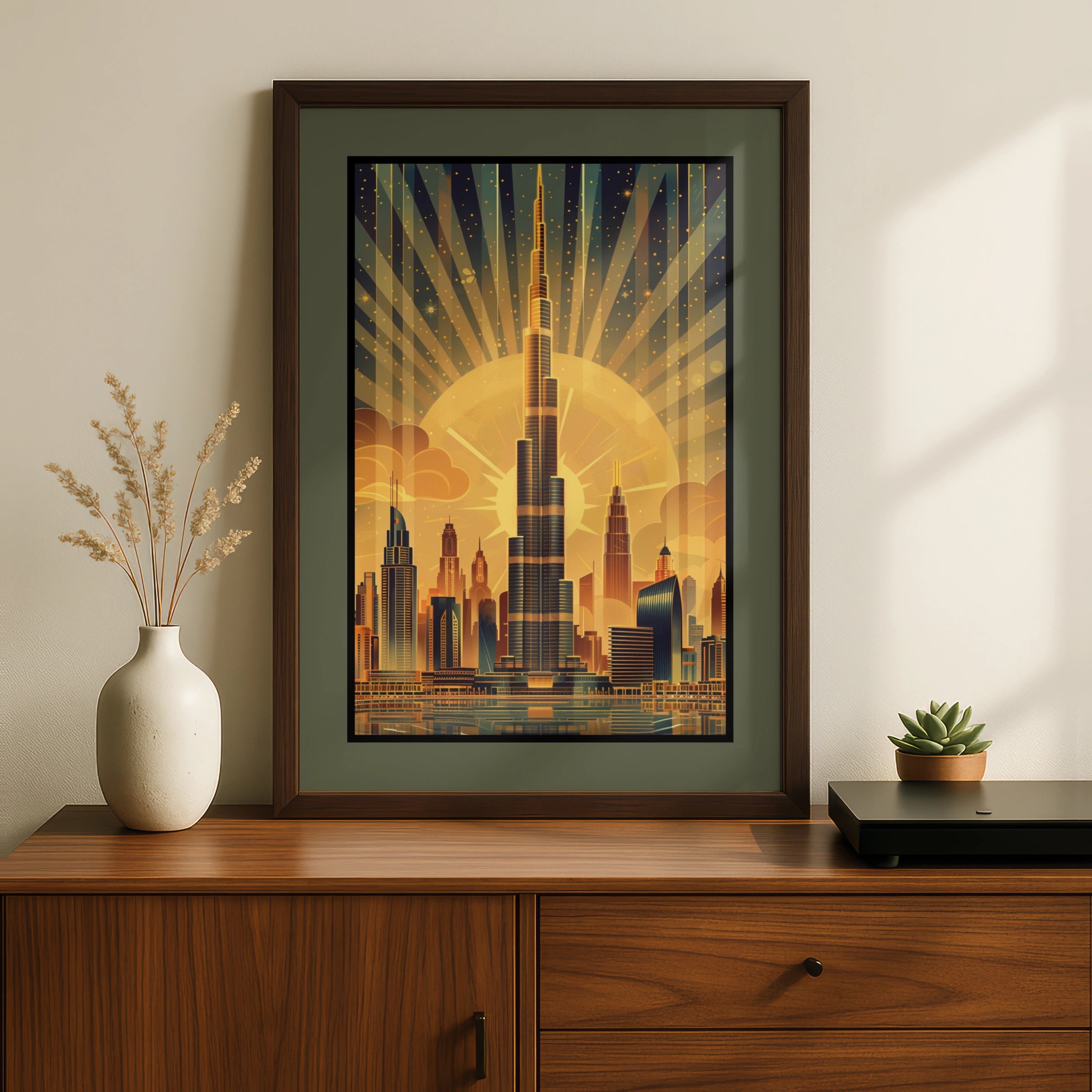 Travel Wall Art. | Dubai Skyline Poster, Burj Khalifa Art Deco Print, Gold City Wall Art, 