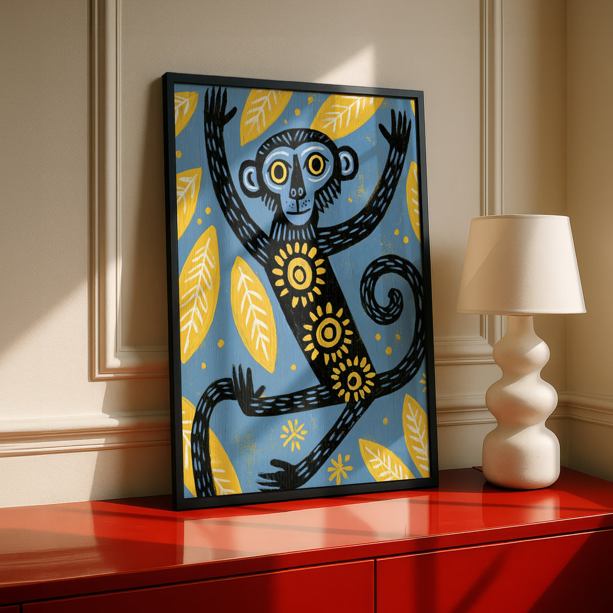 Monkey Kids Wall Art, Folk Art Animal Poster, Blue Yellow Jungle Print, Children's Room Decor