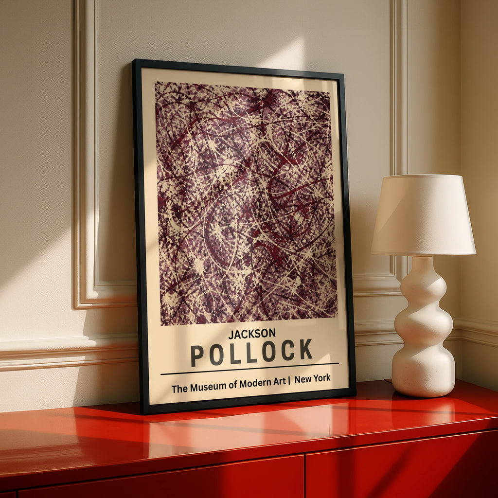 Jackson Pollock Abstract Expressionist Poster, MoMA Wall Art, Burgundy Cream Drip Print