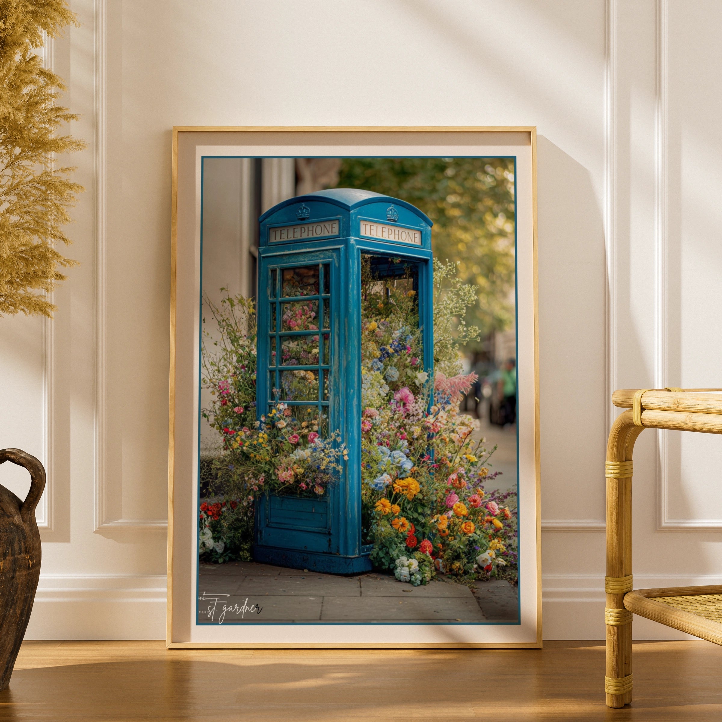 Blue London Phone Box Floral Poster, British Telephone Box Wall Art Print