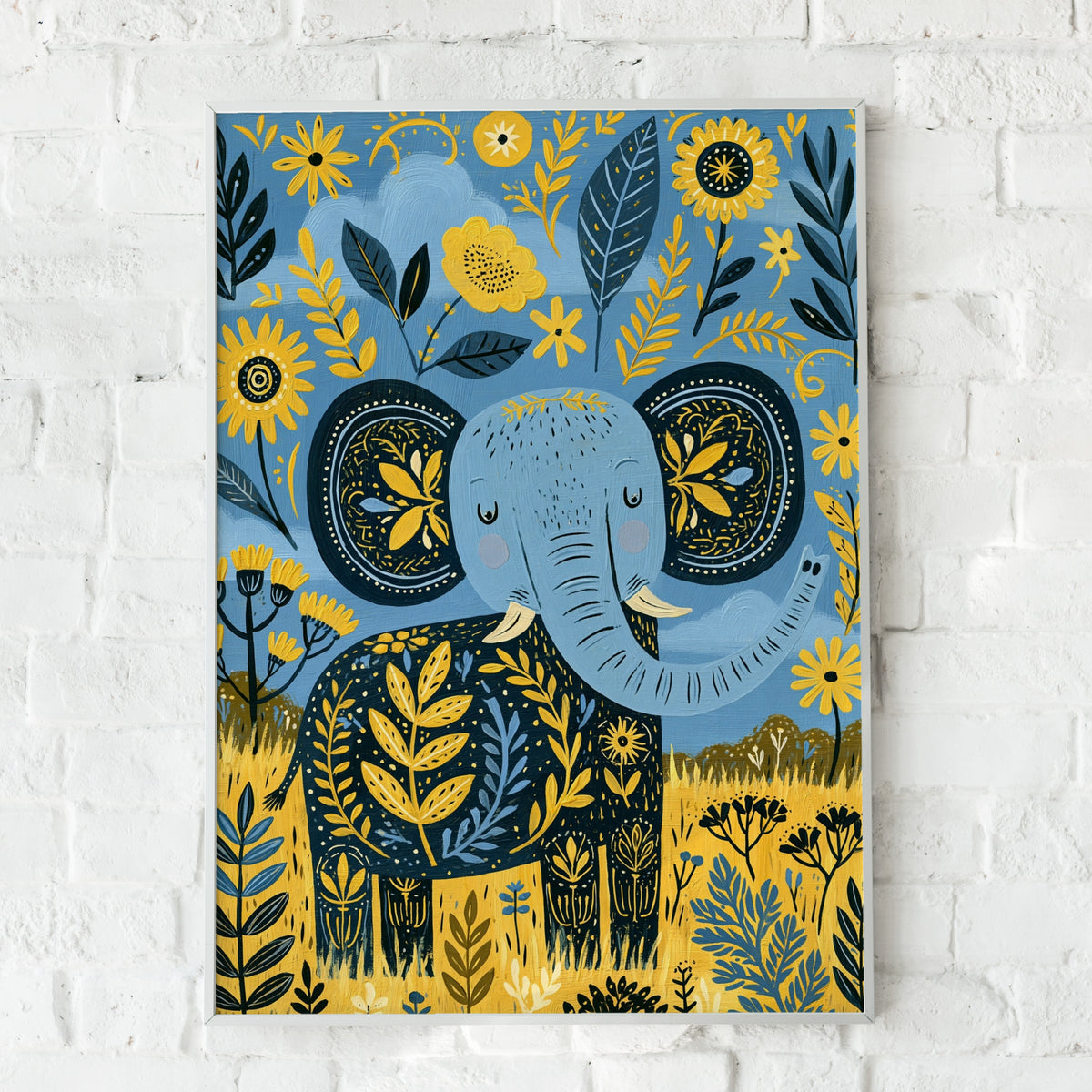 Kids Elephant Floral Wall Art, Folk Art Animal Poster, Blue Yellow Nursery Print