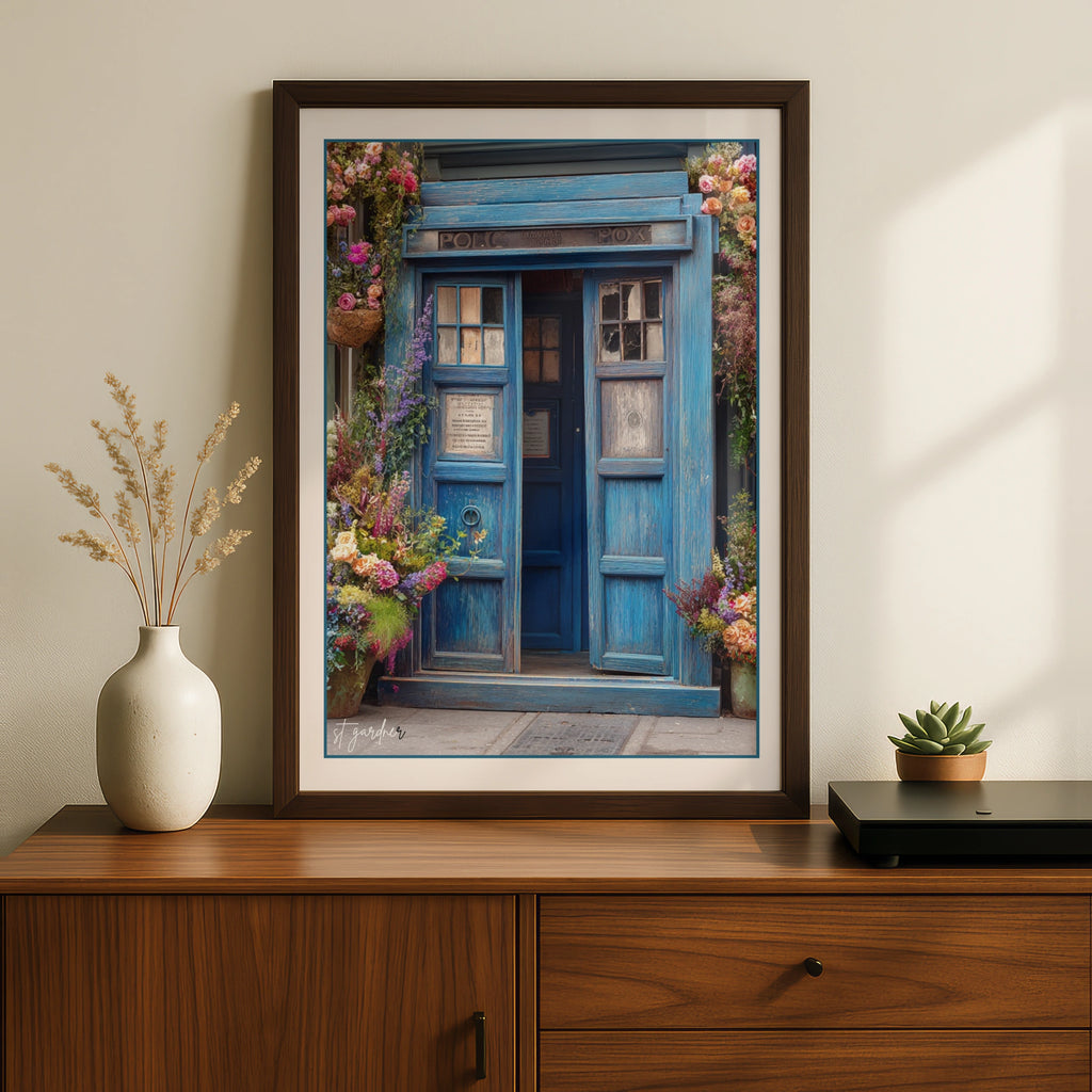 Police Box Floral Poster, Blue TARDIS Wall Art, Sci-Fi Vintage Flower Print, UK
