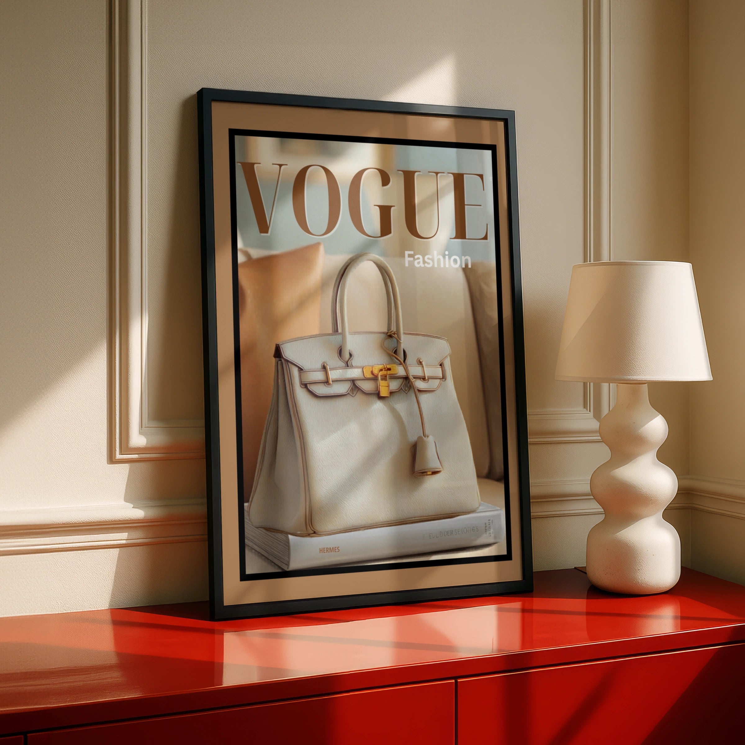 Vogue Fashion Wall Art, Luxury Handbag Fashion Poster, Cream Gold Designer Bag Print