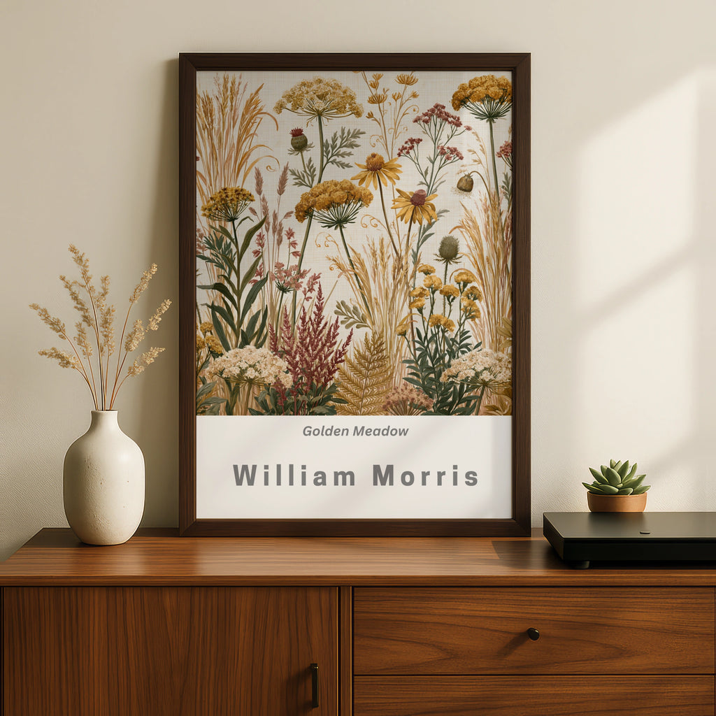 William Morris Golden Meadow Wildflower Poster, Botanical Wall Art Print, Earthy Tones