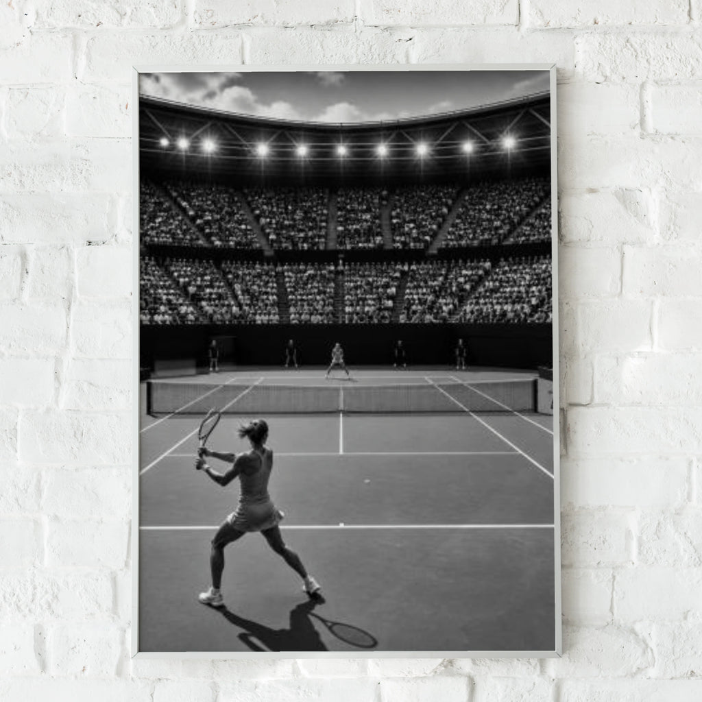 Tennis Women Poster, Black and White Sports Wall Art, Stadium Court Print, Gift for Her