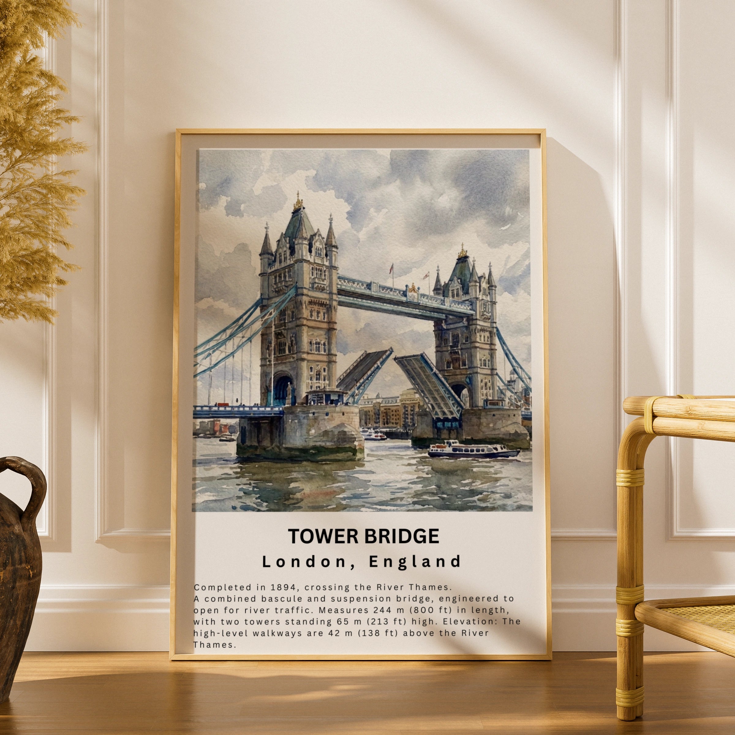 Tower Bridge London Watercolour Poster, River Thames Wall Art Print, England