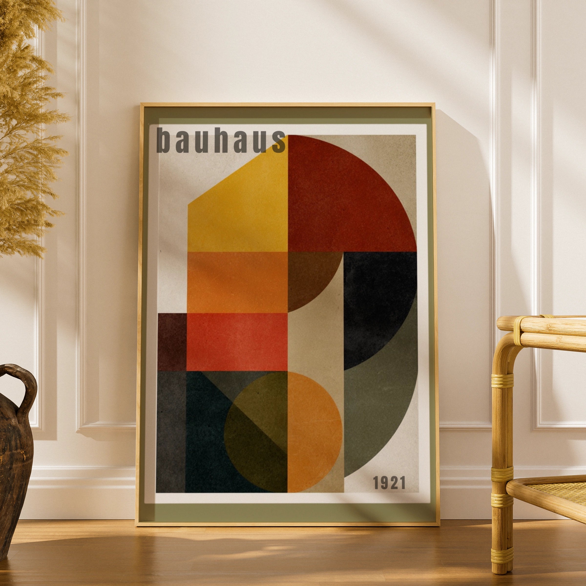 Bauhaus 1921 Geometric Poster, Olive Retro Wall Art, Mid Century Modern Print